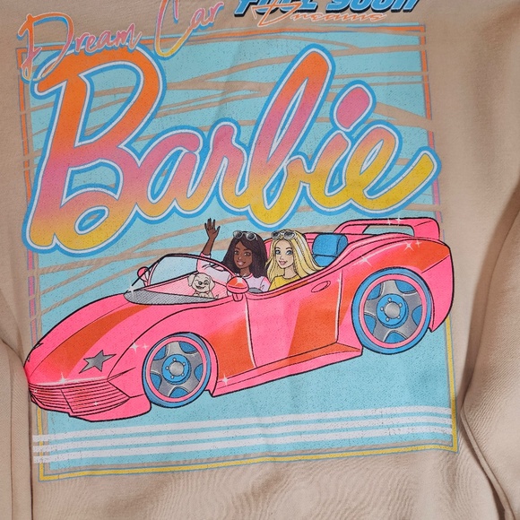 Barbie Hoodie Womens XL Beige Dream Car Graphic Pullover Sweatshirt Front Back - Picture 4 of 7